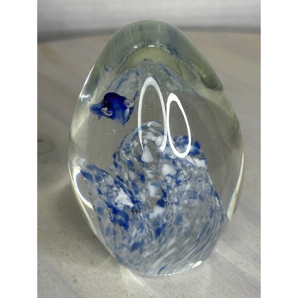 Handcrafted Glass Paperweight With Blue Fish & White Accents - Picture 9 of 11